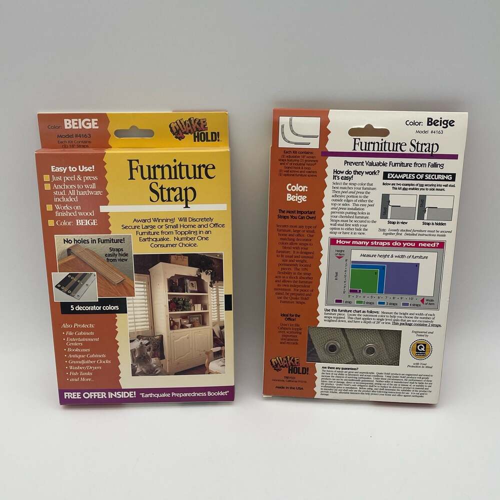 Lot of 2 Quake Hold! Furniture Safety Straps Model 4163 Beige Earthquake Protect
